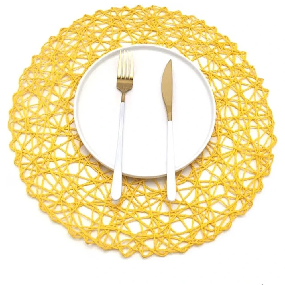 Set of 3 Round Yellow Woven Paper Placemats 12 Inch Circular Boho Summer Beach